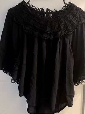 Anthropologie Black Textured Lace-Trim Blouse